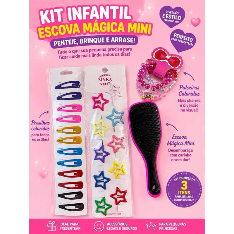 Kit Infantil- Pulseiras, presilhas e escova mágica mini com cabo