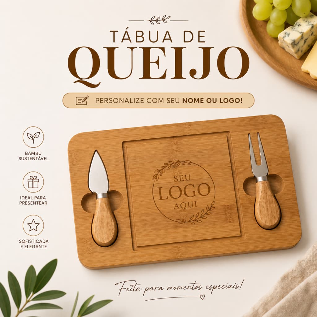 Tábua de Queijo Personalizada com Nome ou Logo | Kit Bambu com Faca e Garfo