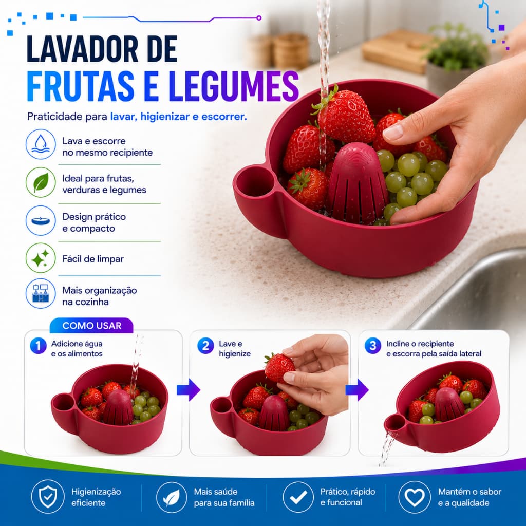 Lavador de Frutas e Legumes Escorredor Higienizador Multifuncional
