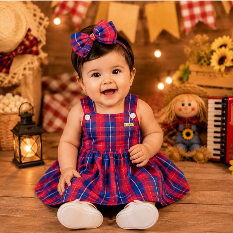 Vestido Festa Junina Bebê Menina Xadrez com Calcinha Tapa Fralda Arraia das Princesas