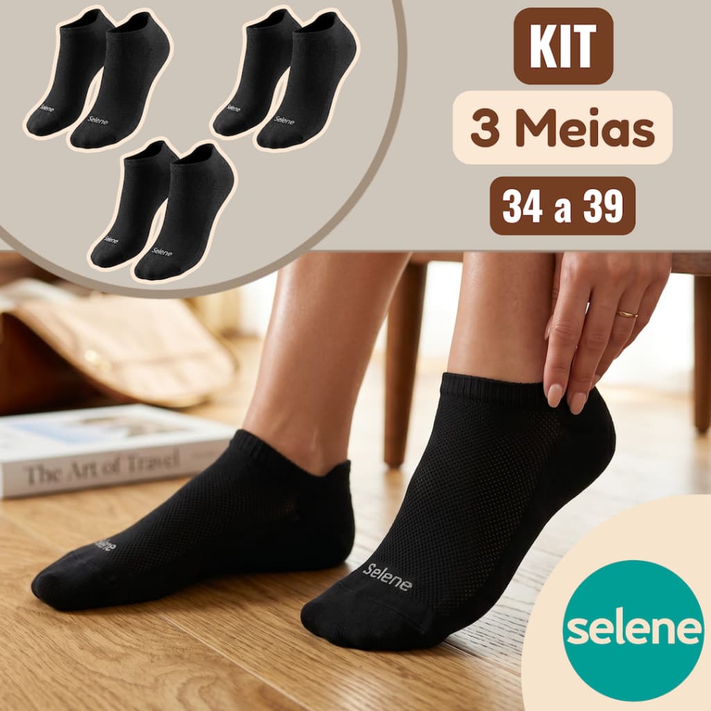 Kit Meia Invisível Selene 3 Pares Algodão Sem Cano Esportiva