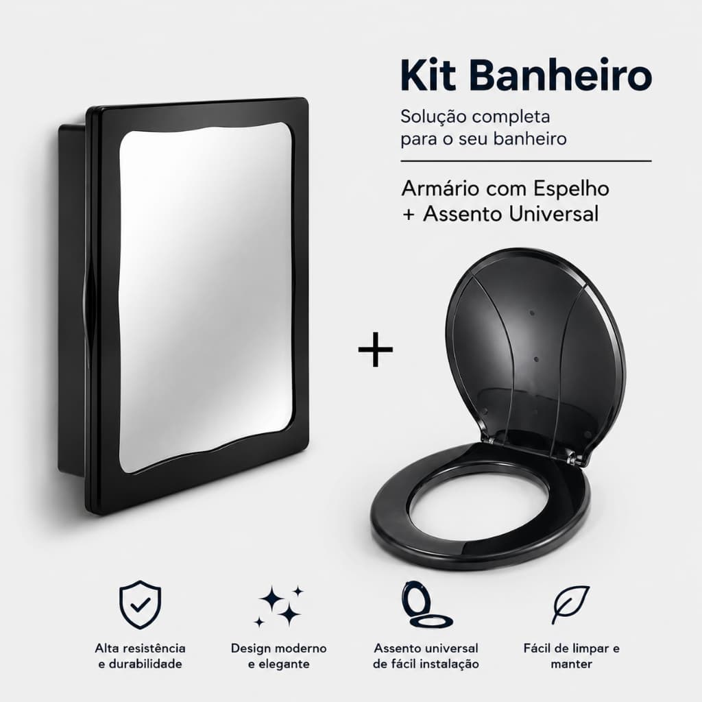 Kit Banheiro Armário C/ Espelho Sobrepor + Assento Sanitário Universal