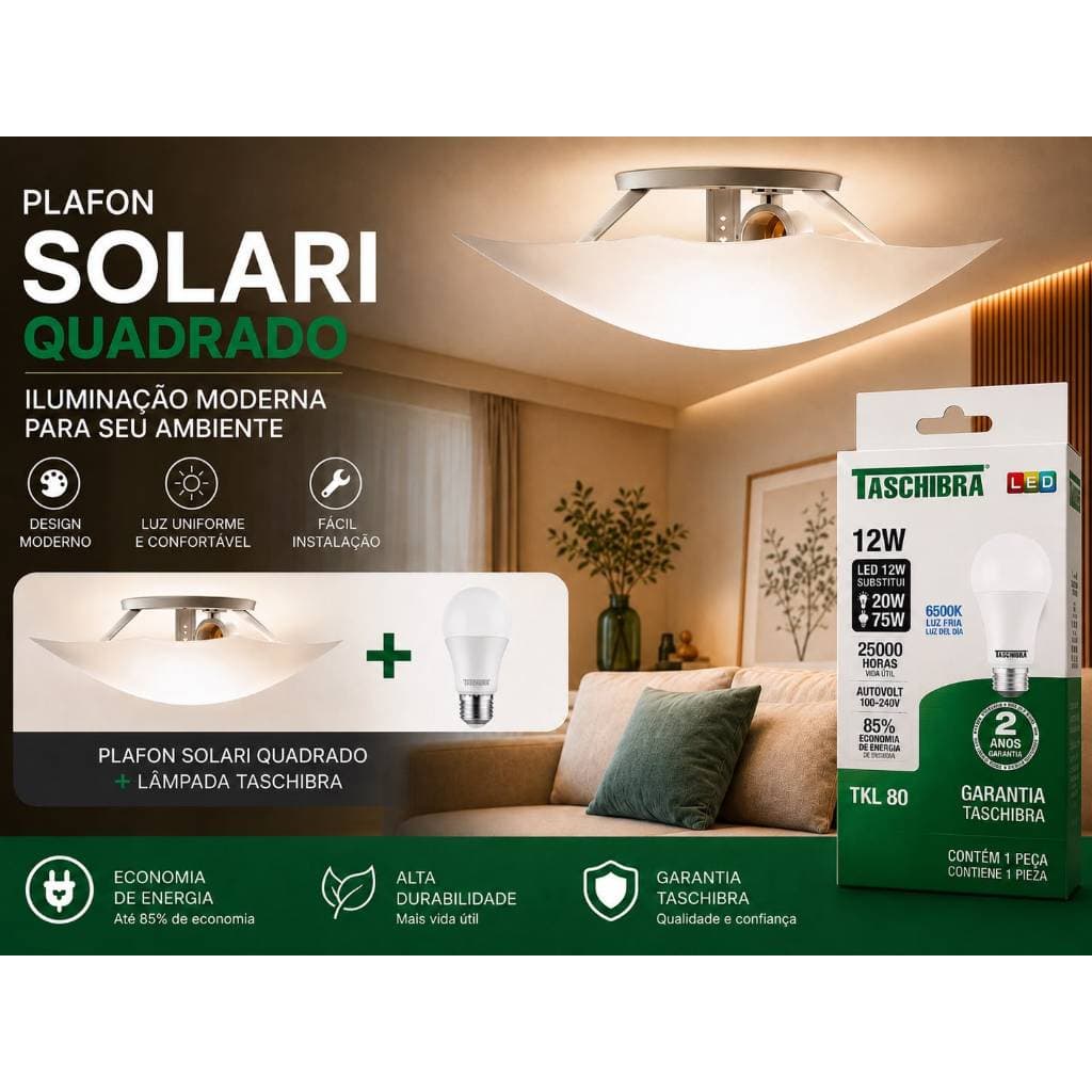 Luminária de Teto Plafon Solari Quadrado Taschibra + Lâmpada Led 12w Taschibra