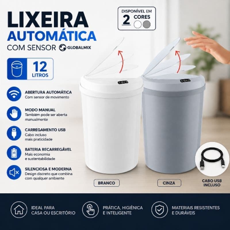 Lixeira Automática Redonda 12 Litros com Sensor Cinza/Branca
