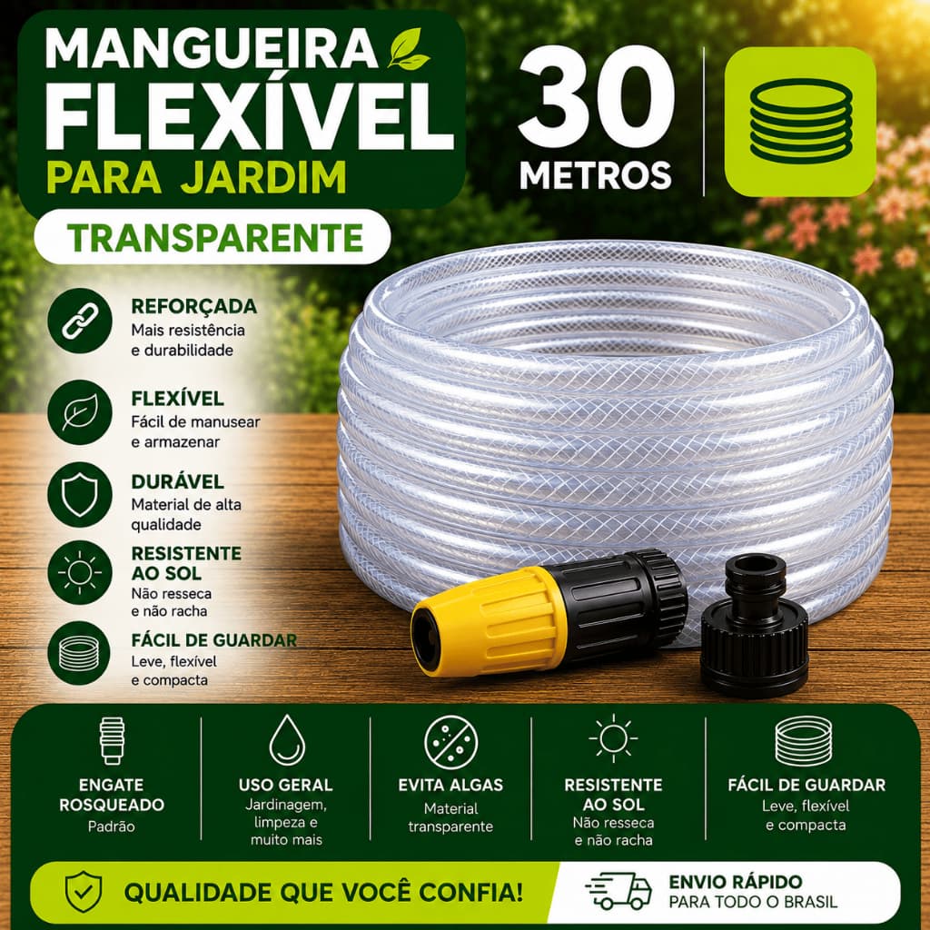 Mangueira Flexível 30 metros para Jardim Transparente Cristal 3/8 Quintal com Engate e Esguicho Alta Pressão Resistente