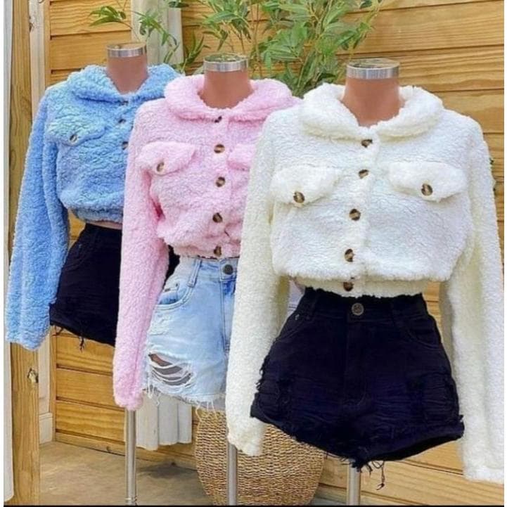 Casaco cropped Feminino TEDDY Casaco de frio Pelo de Carneiro Lançamento Outono e Inverno