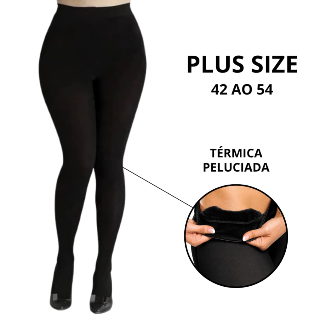 Meia Calça Térmica Feminina Peluciada Plus Size Preta Conforto Elasticidade Inverno