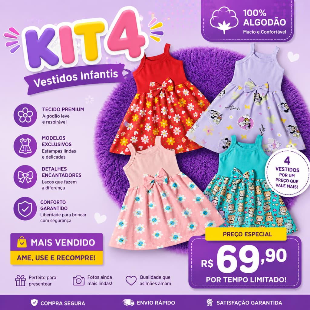 KIT com 4 Vestidos Bebê Laço 1 a 3 anos Algodão