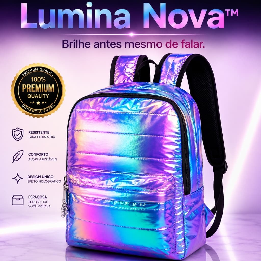 Mochila Holográfica Escolar Feminina Metalizada Grande Resistente Fashion