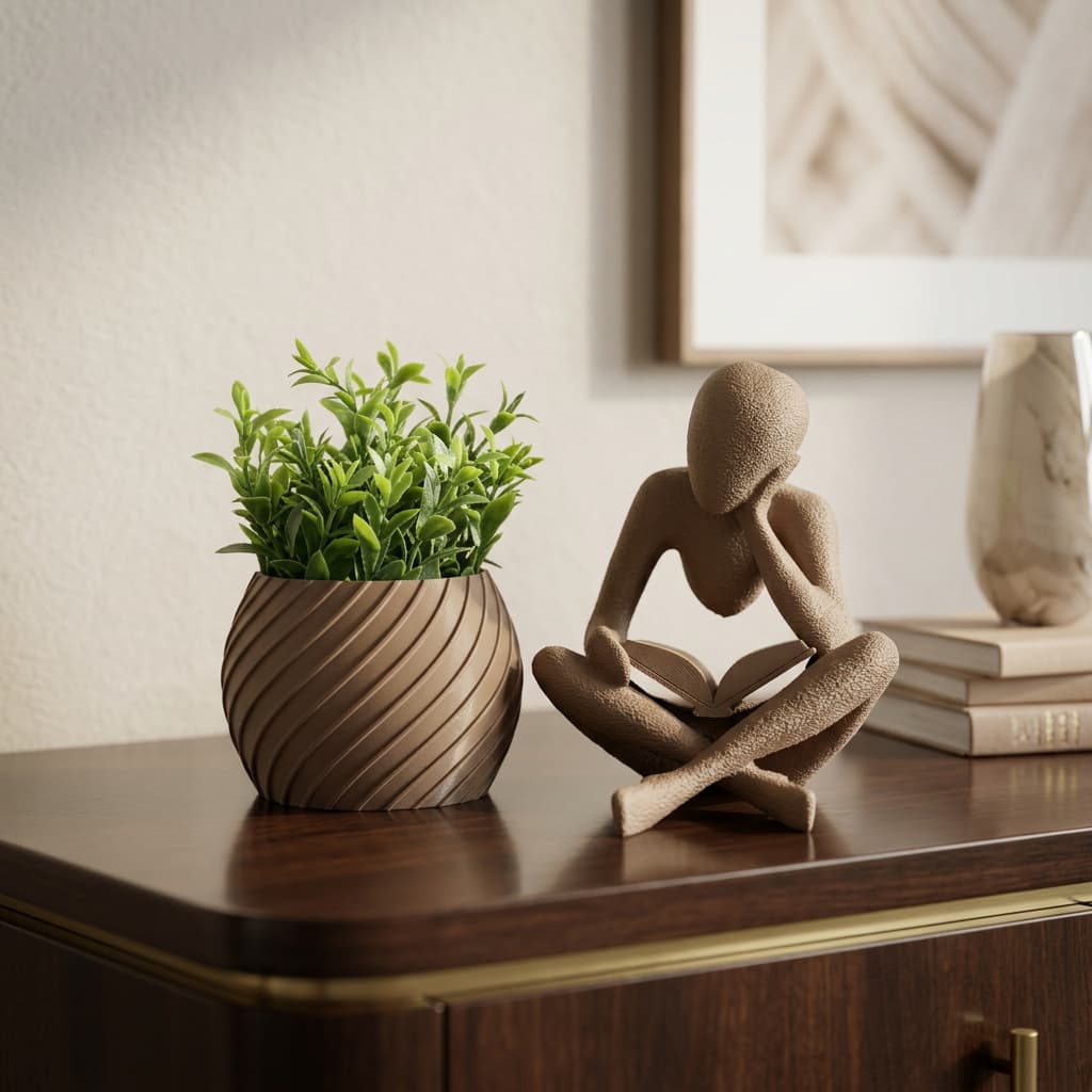 Escultura Leitor com Livro + Vaso Decorativo com Planta Artificial Minimalista Moderna Impressão 3D
