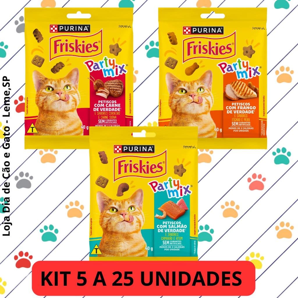 Kit 5 a 25. Party Mix 40g Petiscos para Gatos Friskies