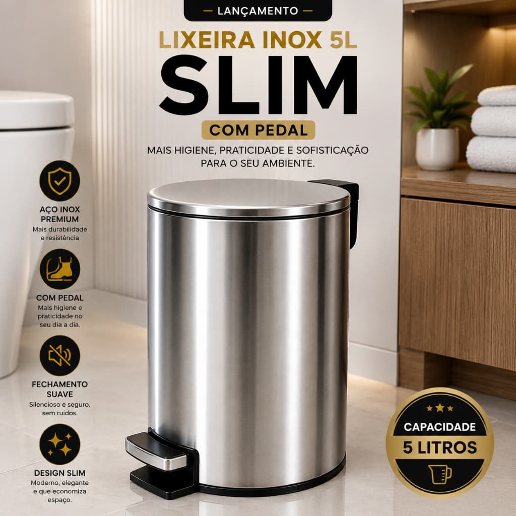 Lixeira Inox Slim Capacidade 5 Litros Pedal Pratico Economia Espaco Duravel