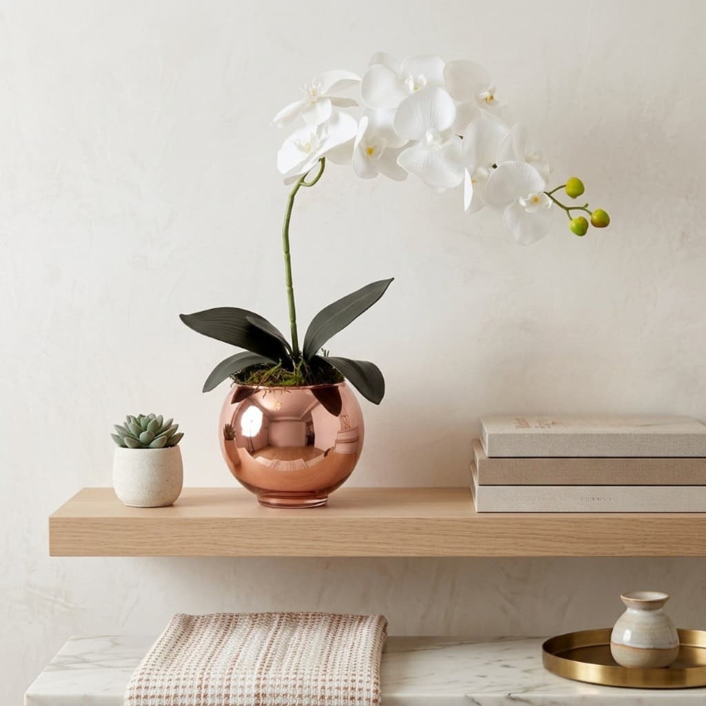 Arranjo de Orquídea Artificias no Vaso Espelhado Rose