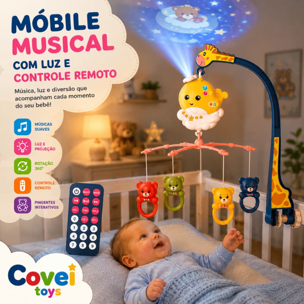 Móbile Musical Com Controle Remoto Para Berço Luz Projetor Giratório E Mordedores Bebê