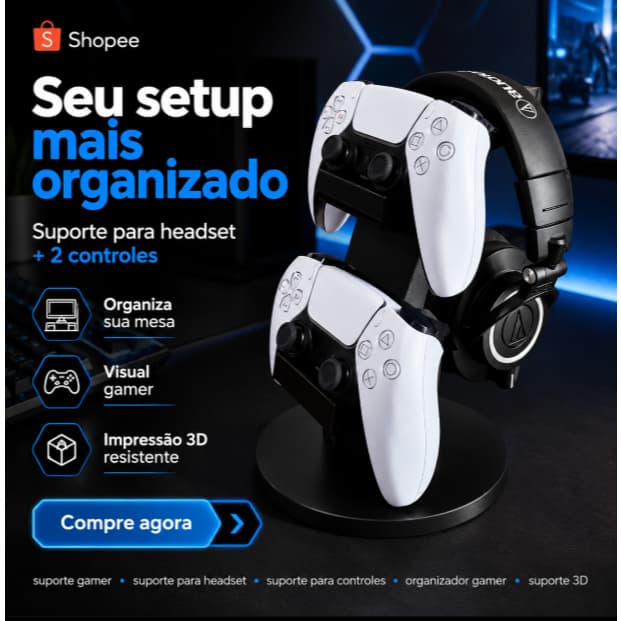 Suporte Duplo para 2 Controles PS5 e Headset Gamer | Organizador de Mesa