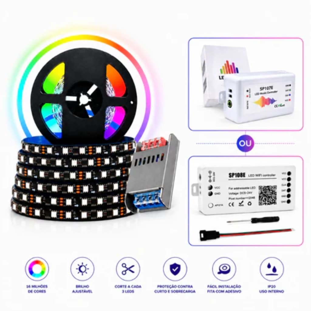 Kit Fita Led WS2811 Rgb Digital Endereçável Rolo 5m + Fonte + Central Controladora SP107E ou SP108E