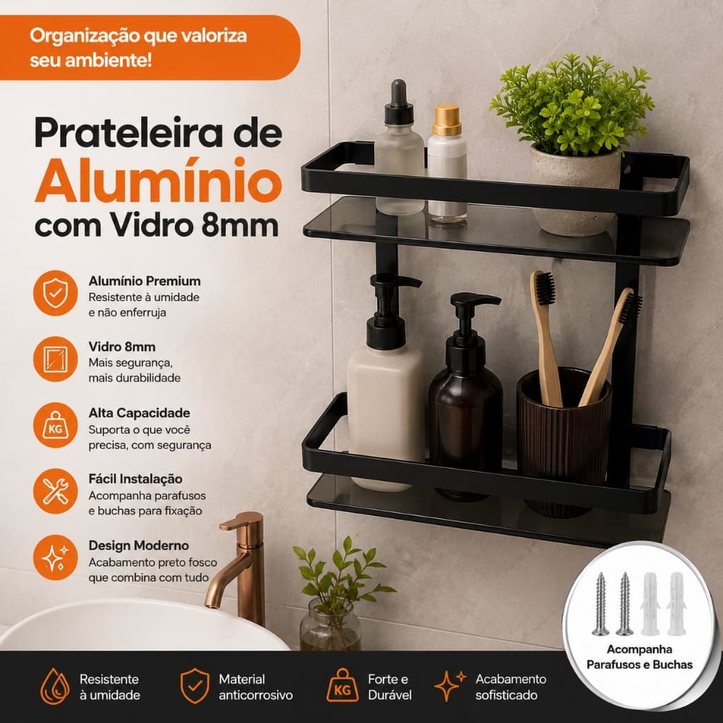 Porta Shampoo Duplo Preto Fosco Alumínio Vidro 8mm Nicho Banheiro Premium