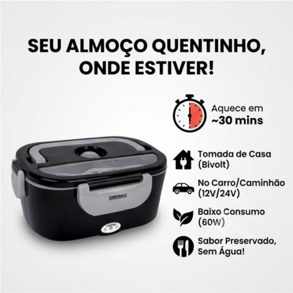 Marmita Elétrica Bivolt110/220V Marmiteira Térmica Preta Portátil 1.5L Para Trabalho Viagens