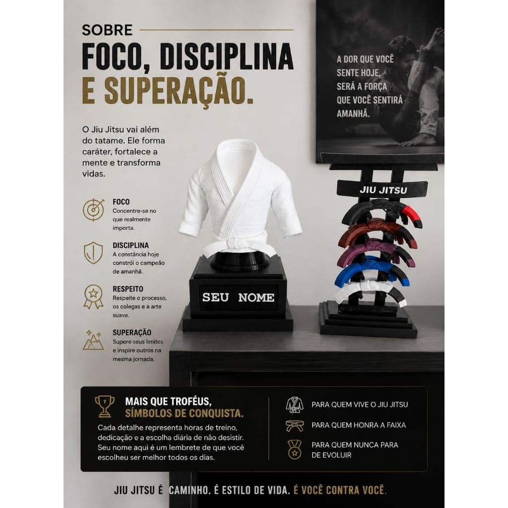 Kimono 3D Premium Com Expositor De Faixas Jiu-Jitsu Personalizado Com Nome Presente