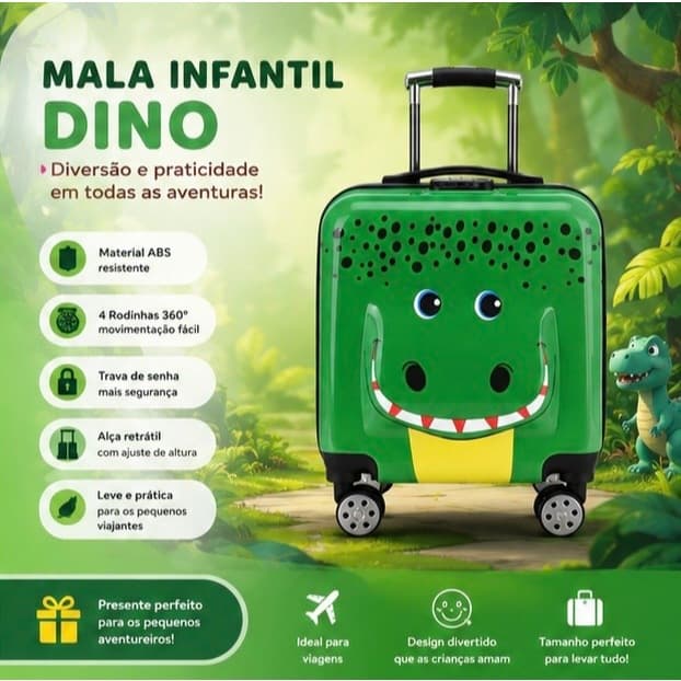 Mala Infantil Jacaré ABS Rígida Com Rodinhas 360° Viagem