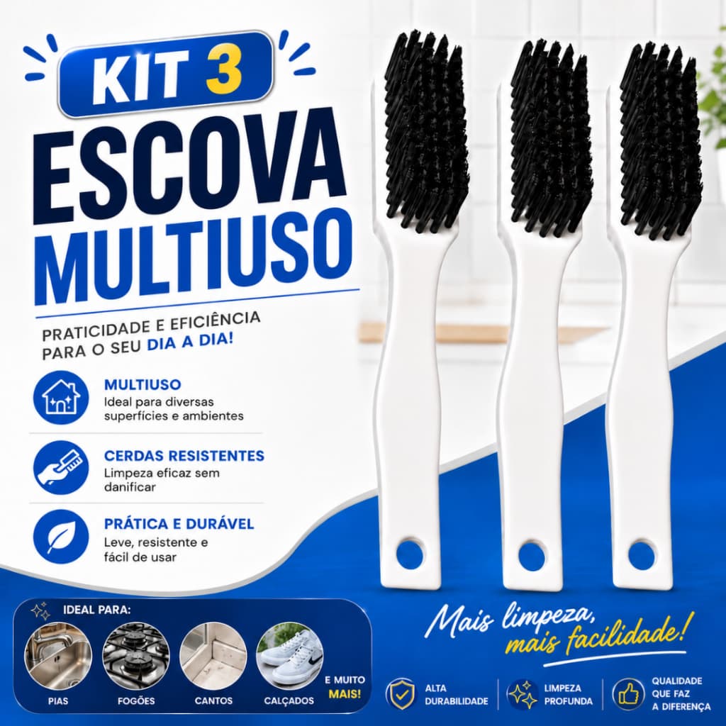 Kit 3 Escovas Multiuso Limpeza Profunda Cerdas Resistentes Tênis Fogão Pia Banheiro Piso Azulejo