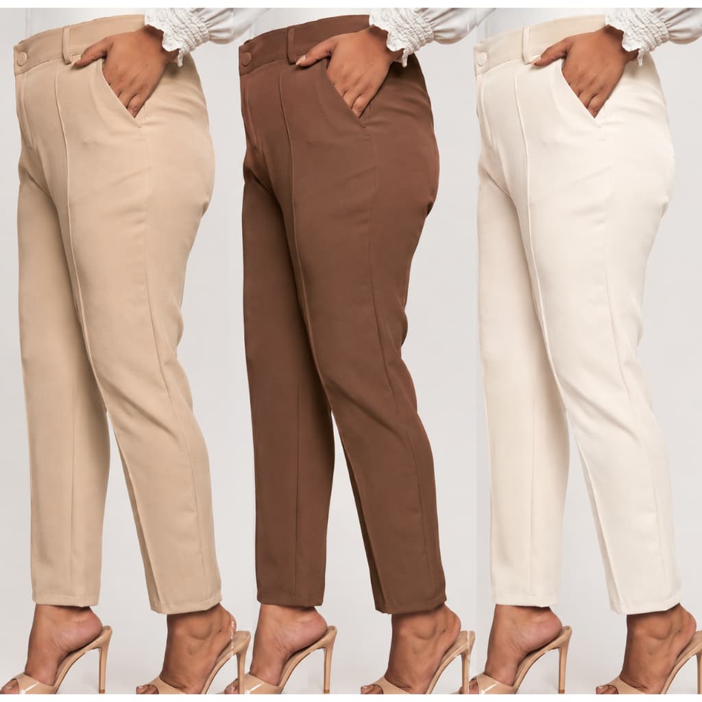 Calça social reta alfaiataria Feminina Risco Elegante plus Size Cintura alta