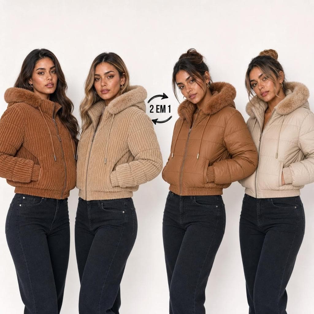 Jaqueta Puffer Feminina Cotêle 2em1 Dupla-face Blusa de Frio Casaco Grossa Pelinho Com Bolso Chique Elegante