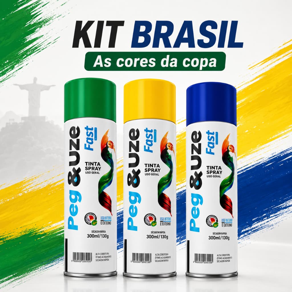 Kit Brasil Peg&Uze Tinta Spray Uso Geral — Verde, Amarelo e Azul