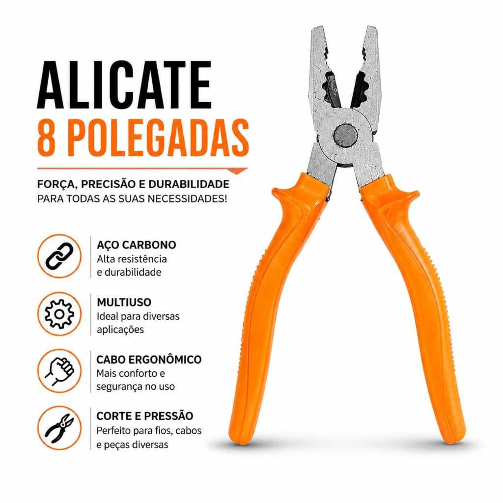 Alicate Universal 8” Profissional Reforçado | Alta Durabilidade | Cabo Antiderrapante | Ferramenta Multiuso | Envio Imed