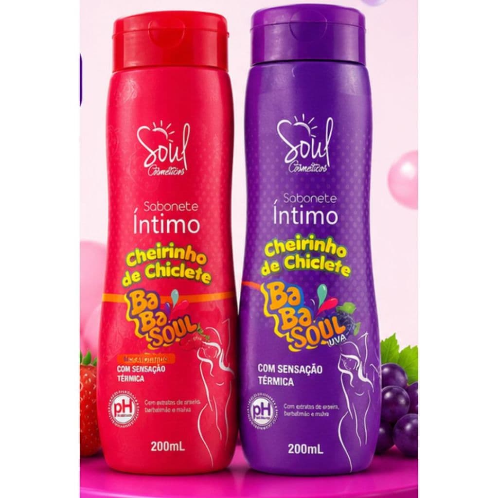 kit Sabonete Íntimo Soul Cosméticos Ba Ba Soul Cheirinho de Chiclete 200ml - pH Equilibrado Moranguinho ou Uva