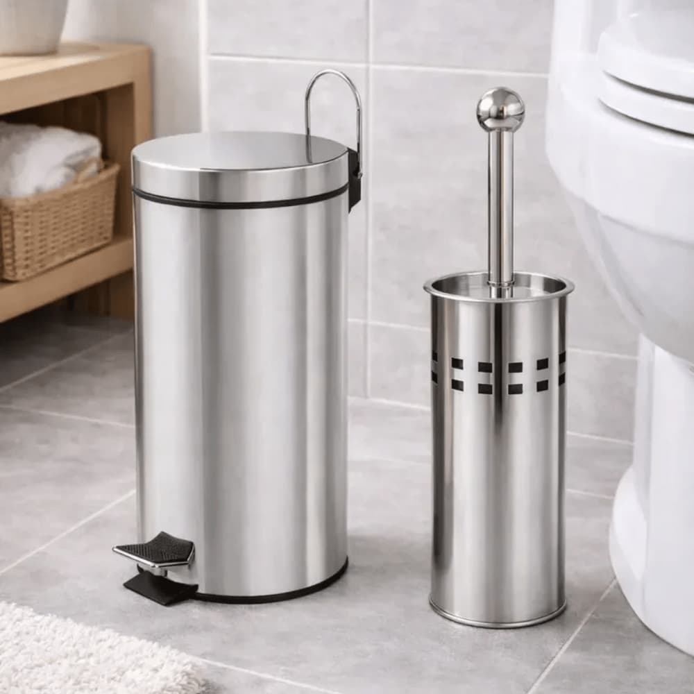 Kit Lixeira Inox com Pedal e Escova Sanitária Com Suporte Banheiro Organizado Inox Escritório Quarto