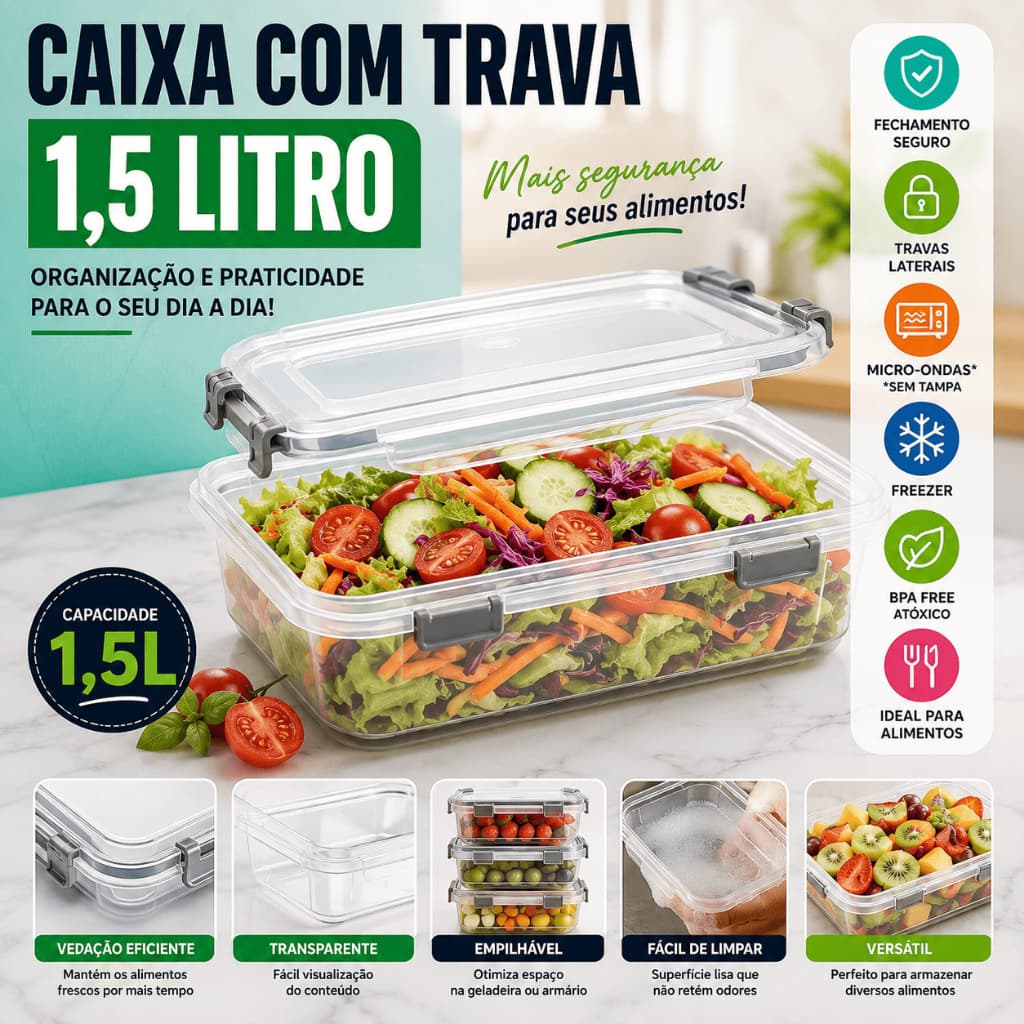 Caixa Organizadora Transparente 1,5L para Cozinha Banheiro e Escritório Kit 1 a 3 Unidades