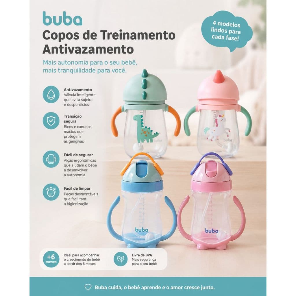 Copo de Treinamento Buba Anti-Vazamento com Alça e Canudo Macio de Silicone Copo Transição Bebê