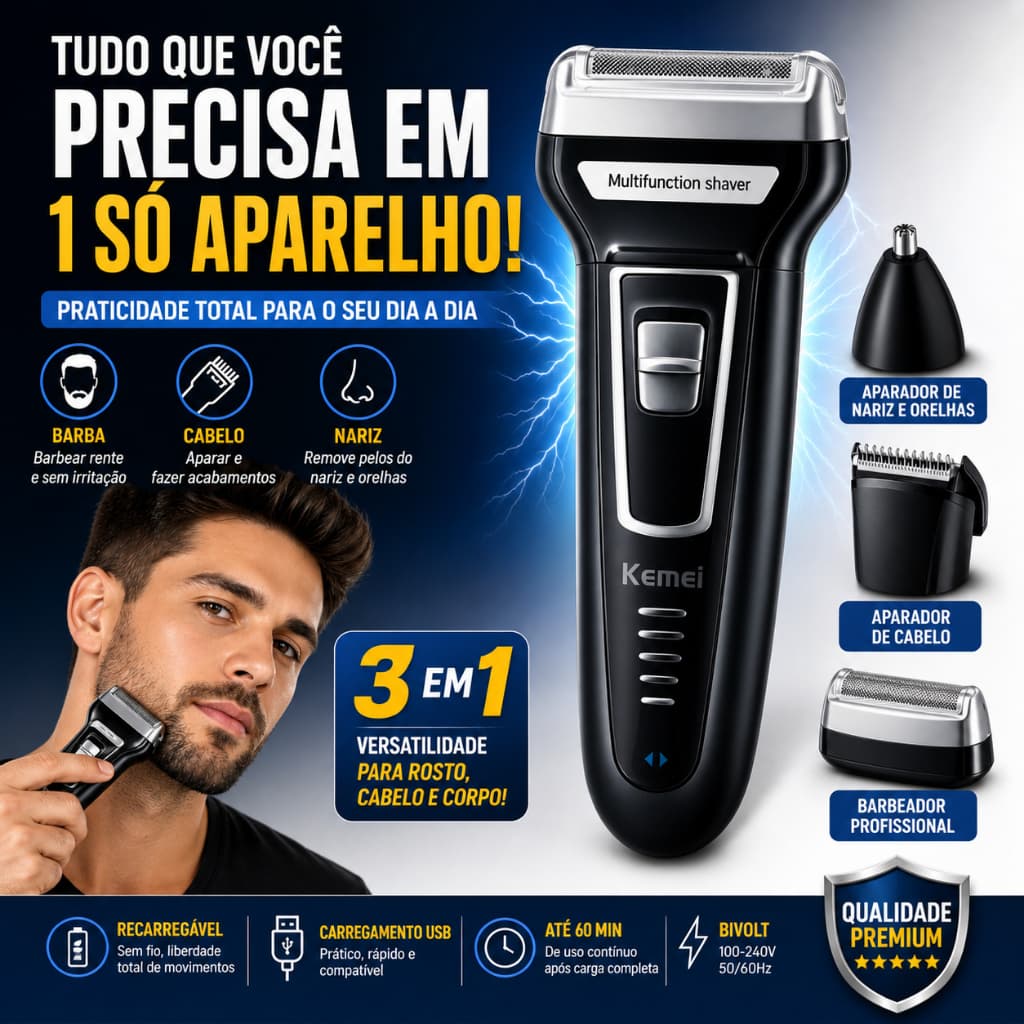 Máquina de Barbear Kemei 3 em 1 Profissional Depilador Masculino Elétrico Recarregável Corpo Cabelo