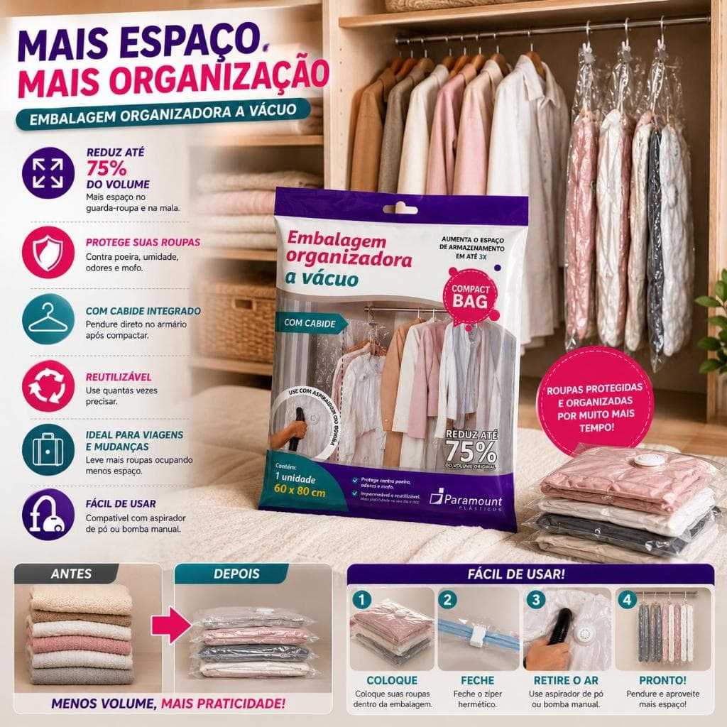 EMBALAGEM ORGANIZADORA A VÁCUO COM CABIDE 60X80CM REUTILIZÁVEL REDUZ ATÉ 75% DO VOLUME DAS ROUPAS