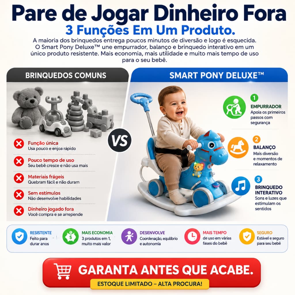 Cavalinho Infantil 3 Em 1 Empurrador Andador Balanço Com Som Luz Brinquedo Educativo Bebê