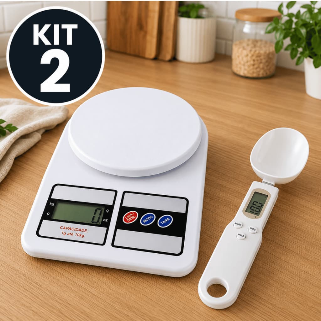 Kit Balança Digital de Cozinha 10kg + Colher de Medida Com Balança 500g Pesa Alimentos Dieta Cozinha