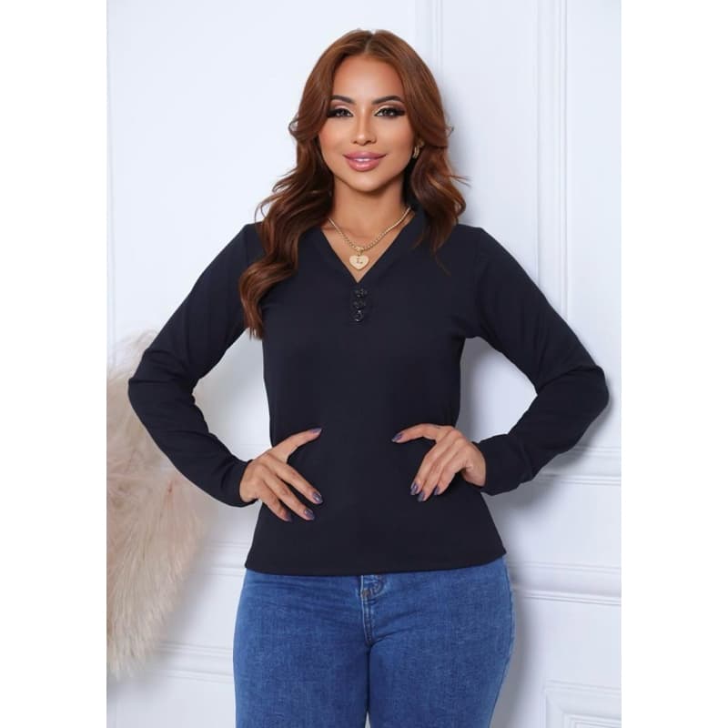 Blusa Feminina Canelada Manga Longa Decote V com Botões