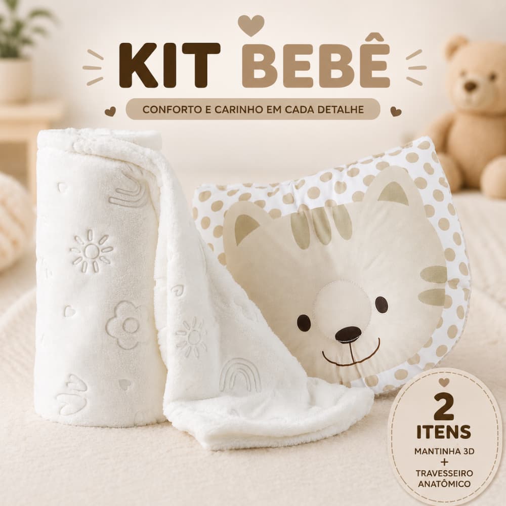 Kit Bebê Manta Branca + Travesseiro Anatômico Super Macia Enxoval Presente RN Decoração Infantil
