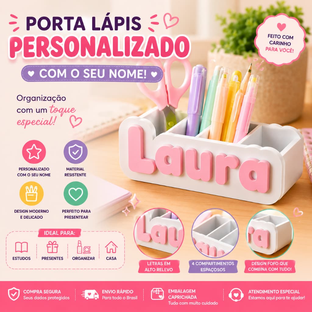 Porta Lápis Personalizado com Nome | Organizador Infantil Escolar