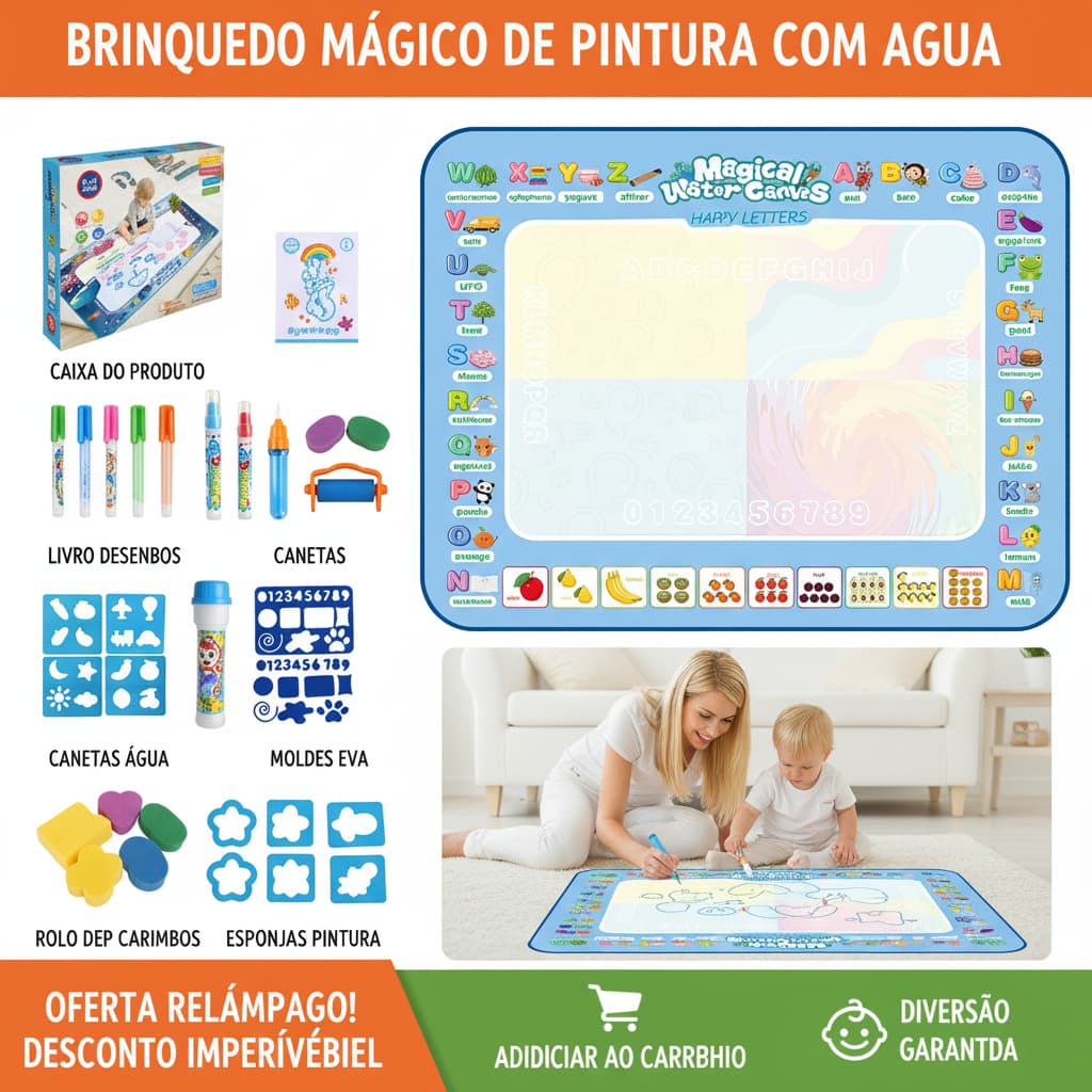 Tapete de Desenho Com Mágica com Caneta e Carimbos Infantil Água Gigante 150x100cm Brinquedo Educativo