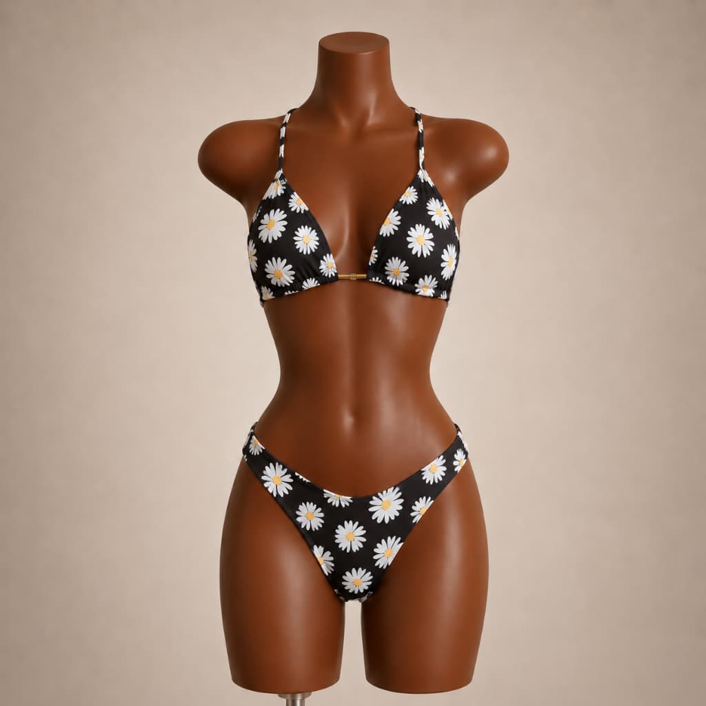 Conjunto Biquíni Cortininha + Shortinho | Look Feminino Praia Verão Estiloso e Colorido Estampa MARGARIDAS PRETASTrikini