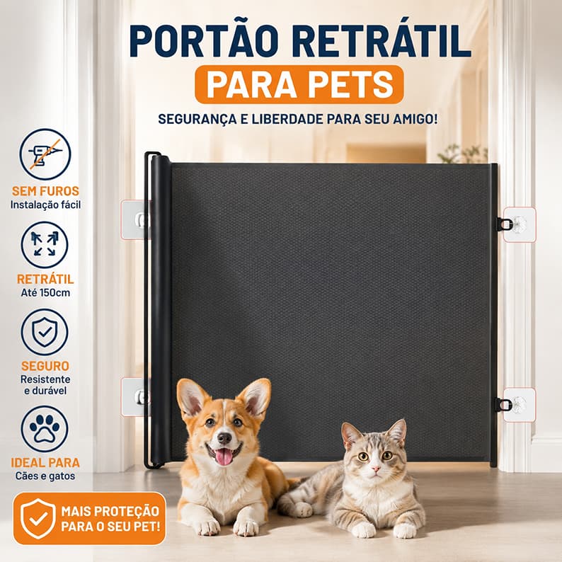 Portão Retrátil para Pets 78x110/130cm Sem Furos Grade de Segurança para Gatos e Cães Instalação Fácil Enrolável