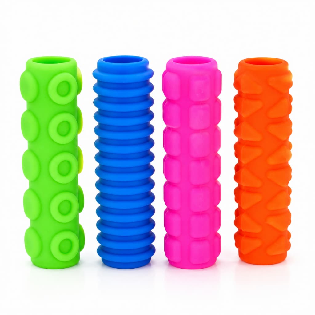 Ponteira Mordedor para Lápis Caneta de Silicone Anti Stress Kit 4 Unidades Menina e Menino