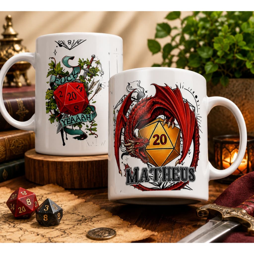 Caneca Porcelana RPG Personalizada D&D Dungeons Dragons Xicara 325ml D20