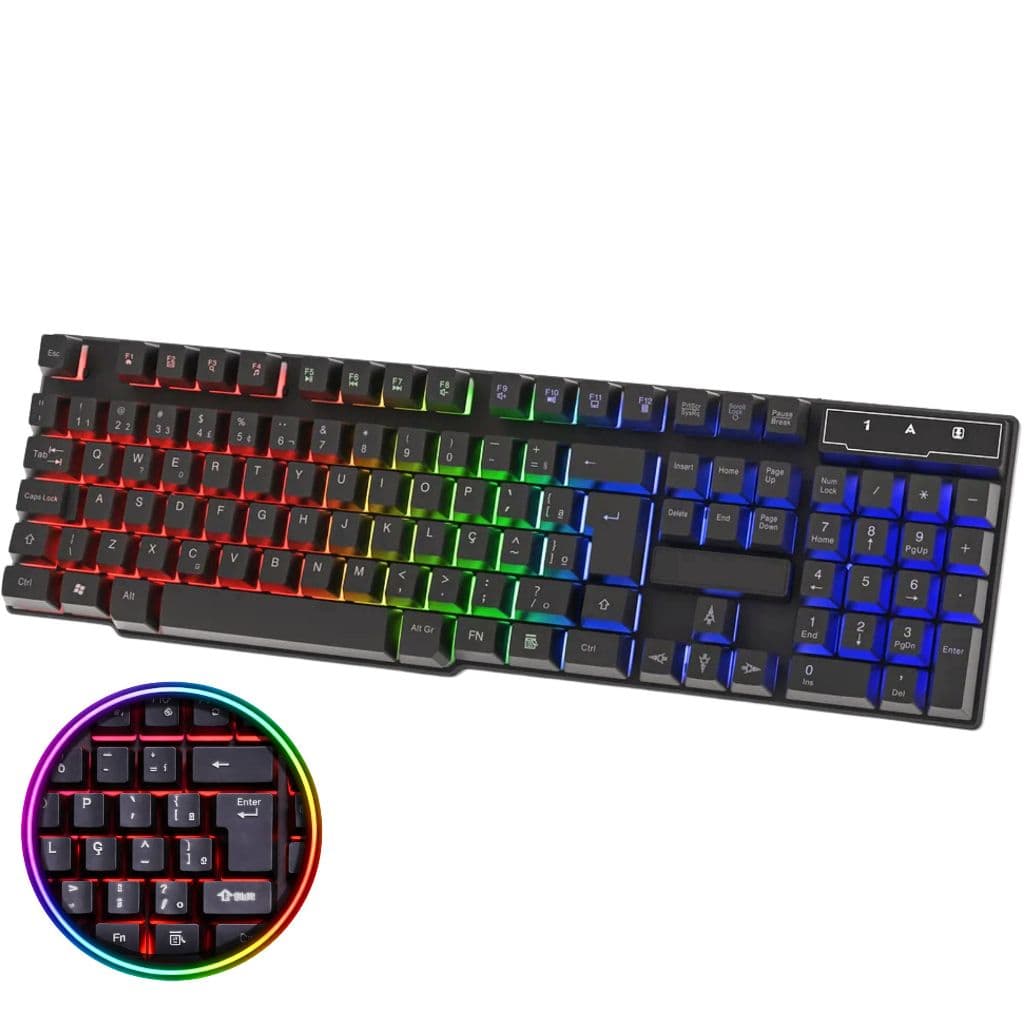 Teclado Gamer Semi-Mecânico USB Iluminação LED RGB Rainbow Anti-Ghosting Resistente a Água ABNT2 Ergonômico