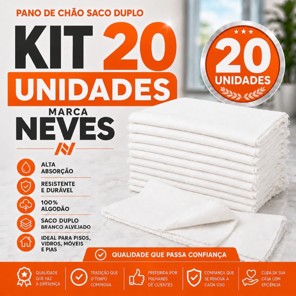 Pano De Chão Grande Branco 50x70 Cm Branco Neves 100% Algodão Duplo 75 Gr Saco Alvejado Pano Duplo