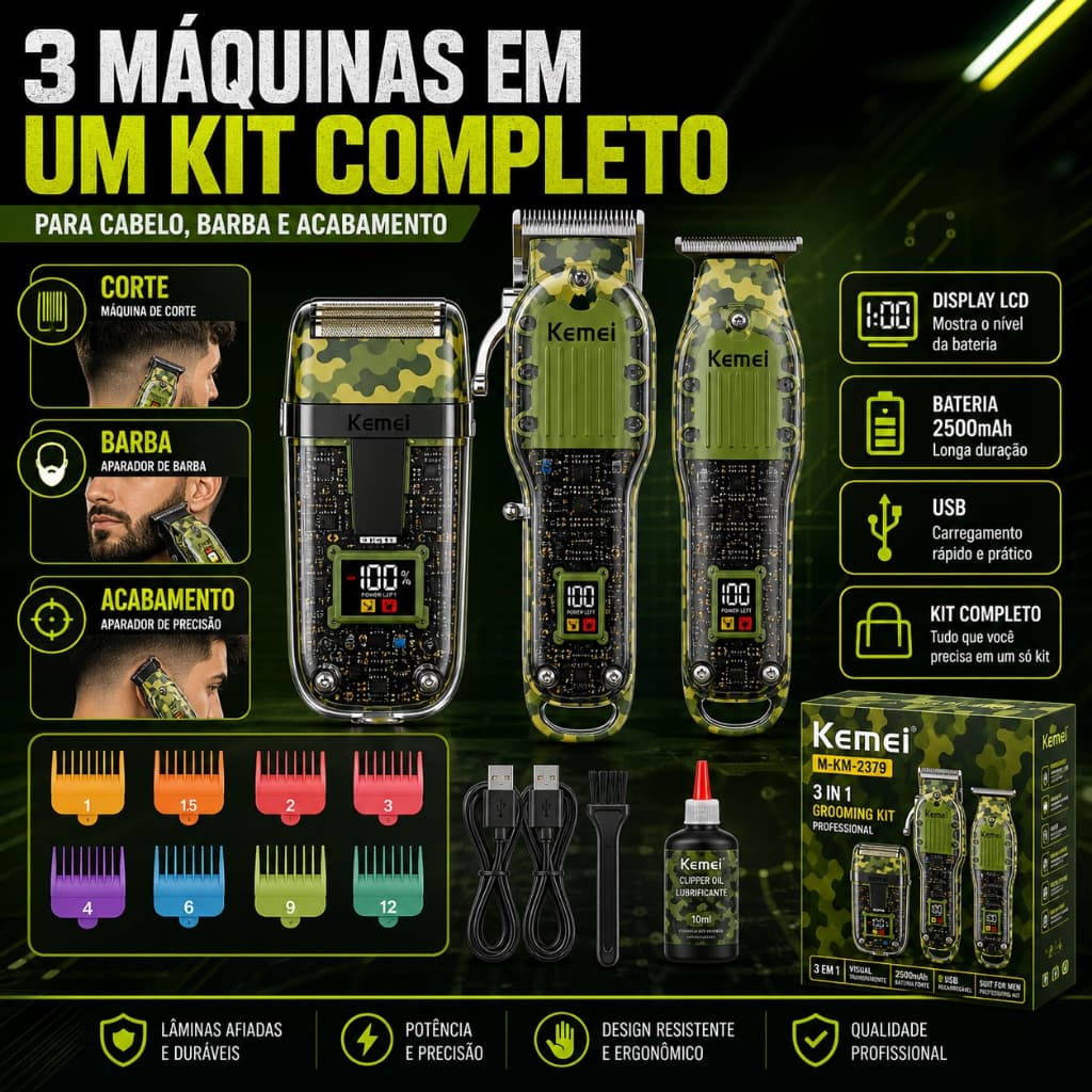 Kemei KM-2379 Kit Profissional 3 em 1 Máquina de Corte Aparador e Barbeador Sem Fio USB