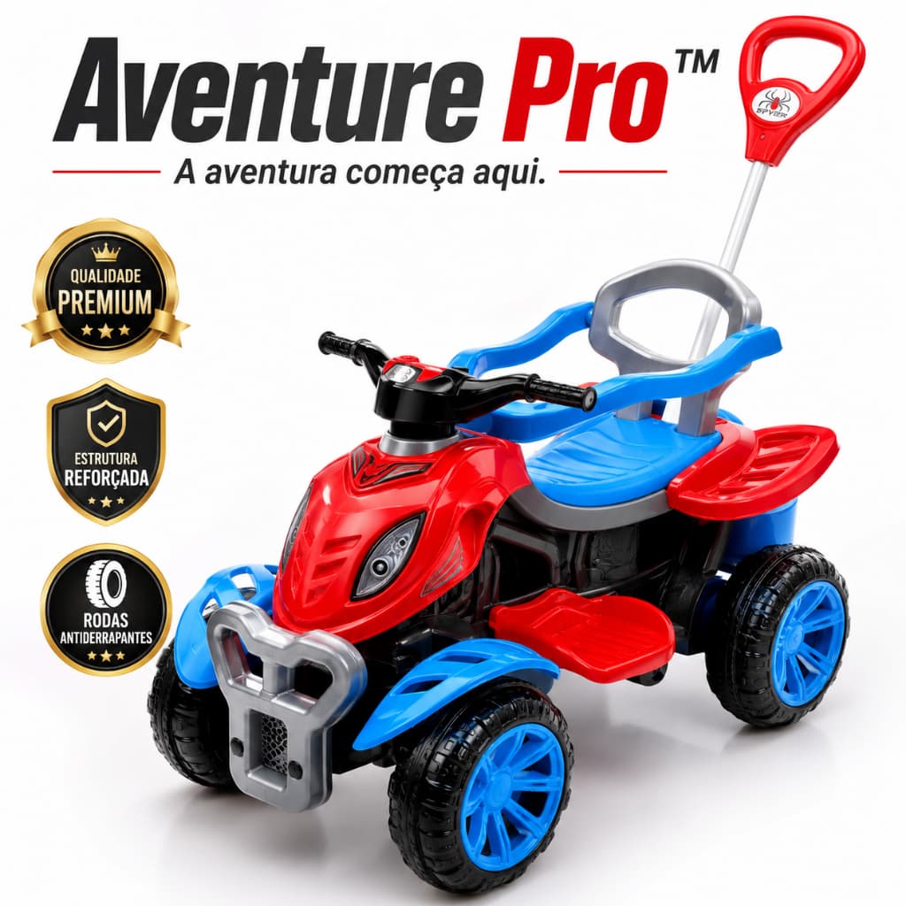 Quadriciclo Infantil Aventure Pro Passeio Menino com Haste Empurrador Rodas Antiderrapantes Resistente Seguro