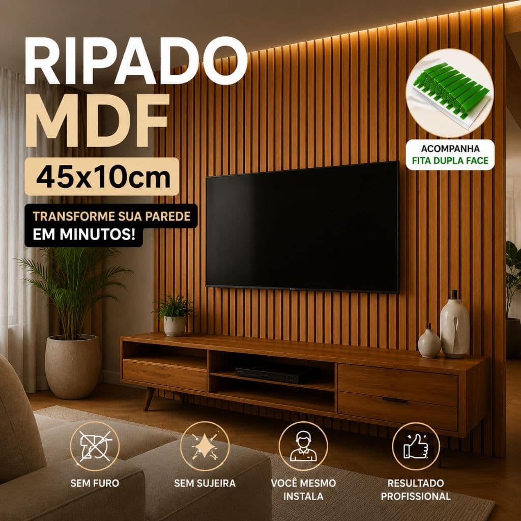 Kit 5 Áte 50 Placas Ripado Autocolante Madeira MDF 45X10 Premium Decorativo Quarto Sala Penteadeira